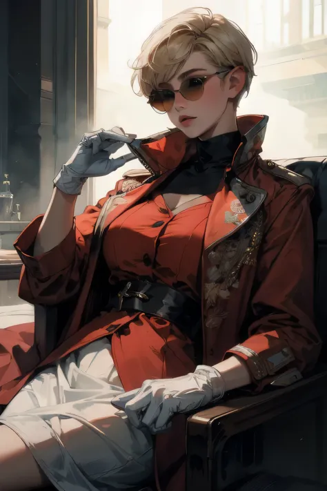 teenage girl, with blonde ((pixie cut hair)), with black sunglasses, wearing a red velvet coat, white skirt, and a white gloves