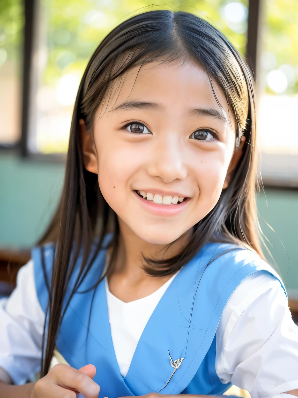 lens: 135mm f1.8, (highest quality),(RAW Photos), (Tabletop:1.1), (Beautiful 10 year old Japanese girl), Cute Face, (Deeply chiseled face:0.7), (freckles:0.4), dappled sunlight, Dramatic lighting, (Japanese School Uniform), (In the classroom), shy, (Close-up shot:1.2), (smile), (sunlight)