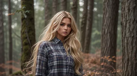 cabin in the woods, dense trees, dark woods, Beautiful woman, plaid long-sleeved flannel shirt, long wavy blonde hair, 