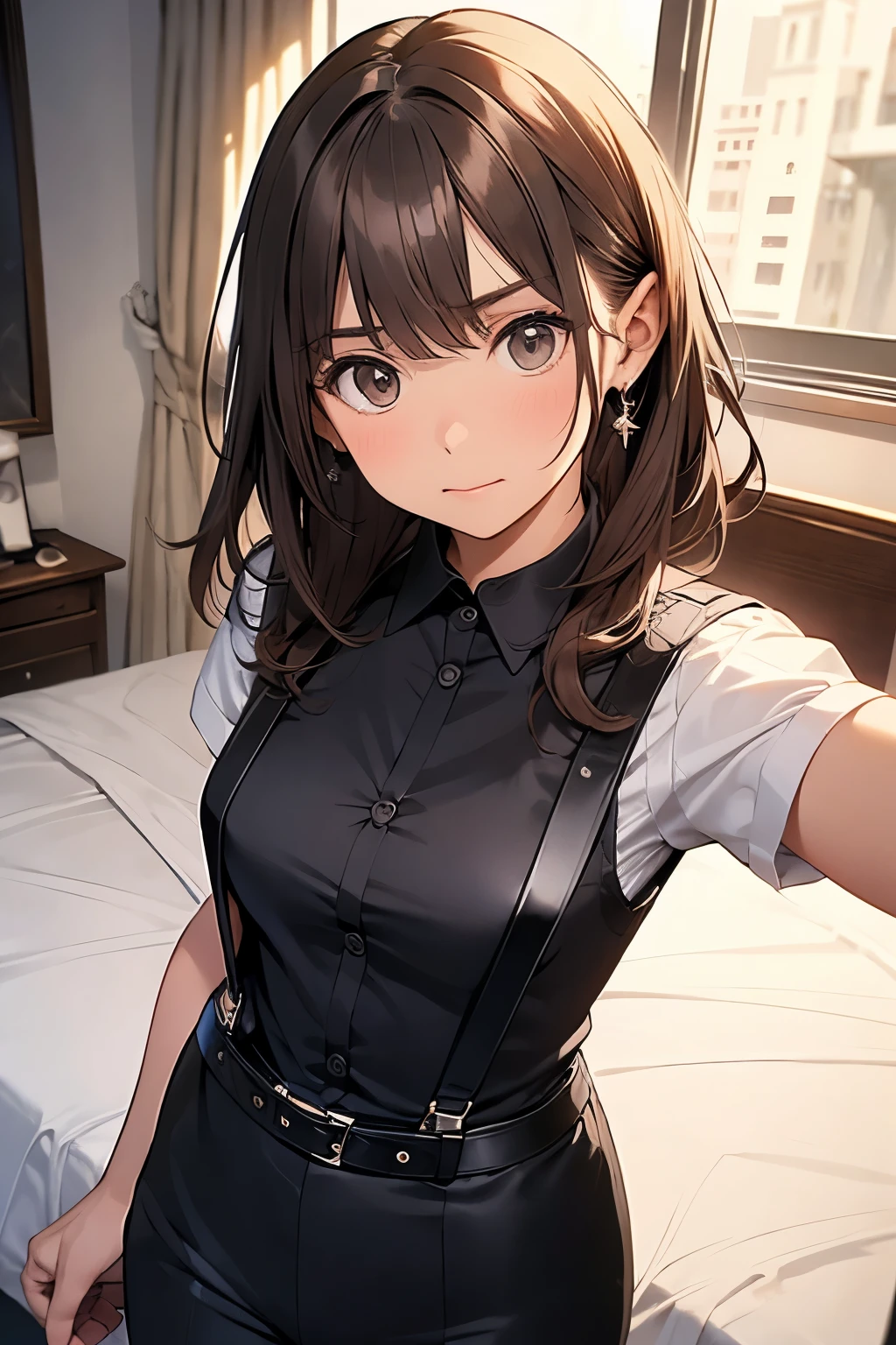 Brown Hair、Staring at the audience　　　Black suspenders　　　bulging big breasts　　 　 　　　wall: 　Black pantsuit　　　　　　sight　　　Small face　 　　　holster　　　Beautiful woman　　Show your hand　　 Lying in bed　　sight 　　Taunt　side　side汗 　arm　Dress shirt　Black Suit　belt