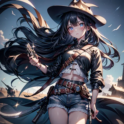 highest quality、Masterpiece、Official Art、The best composition、Western Hat、Western Boots、White bustier、hot pants、Gun hanging from...