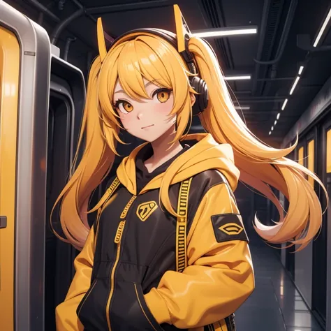 A girl, yellow hair, long hair, feminime, soft smile, yellow hoodie jacket, glowing orange eyes, train background, wearing black...