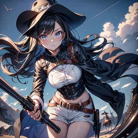 highest quality、Masterpiece、Official Art、The best composition、Western Hat、Western Boots、White bustier、hot pants、Gun hanging from...