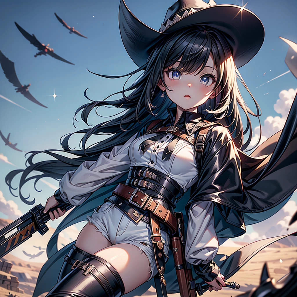 highest quality、Masterpiece、Official Art、The best composition、Western Hat、Western Boots、White bustier、hot pants、Gun hanging from waist、Wind、deep focus,absurdres、detailed eyes and face、minaba hideo、 Grim Reaper's Scythe、Future flying vehicles、Sparkling eyes、