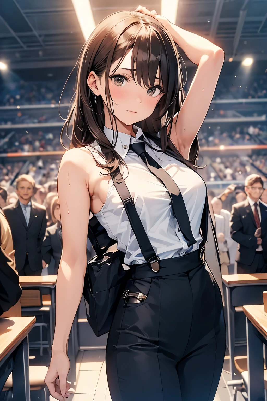 Brown Hair、Staring at the audience　　　Black suspenders　　　bulging big breasts　　 　 　　　wall: 　Black pantsuit　　　　　　sight　　　Small face　 　　　holster　　　Beautiful woman　　Show your hand　　 　sight 　　Taunt　side　side汗 　arm　Dress shirt　Black Suit　ベルト wall際　Put your hands up　Both hands above head　Armpit sweat