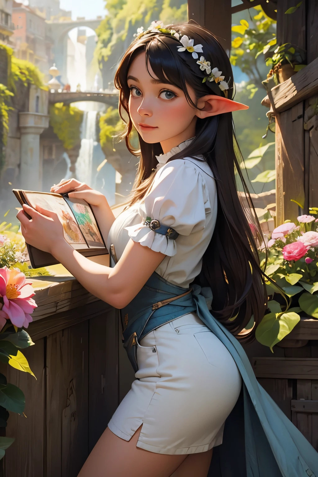 (((Jean-Baptiste Monge style:1.0))) beautiful and amazing masterpiece knight girl,Elf female , com asas nas costas,sitting on a throne of flowers,flower palace scenery,water colour, sharp focus, studio photo, details Intricate, highy detailed, dark threatening