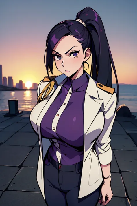 masterpiece, best quality, miss valentine, black eyes, folded ponytail, white coat, coat on shoulders, epaulettes, purple shirt,...