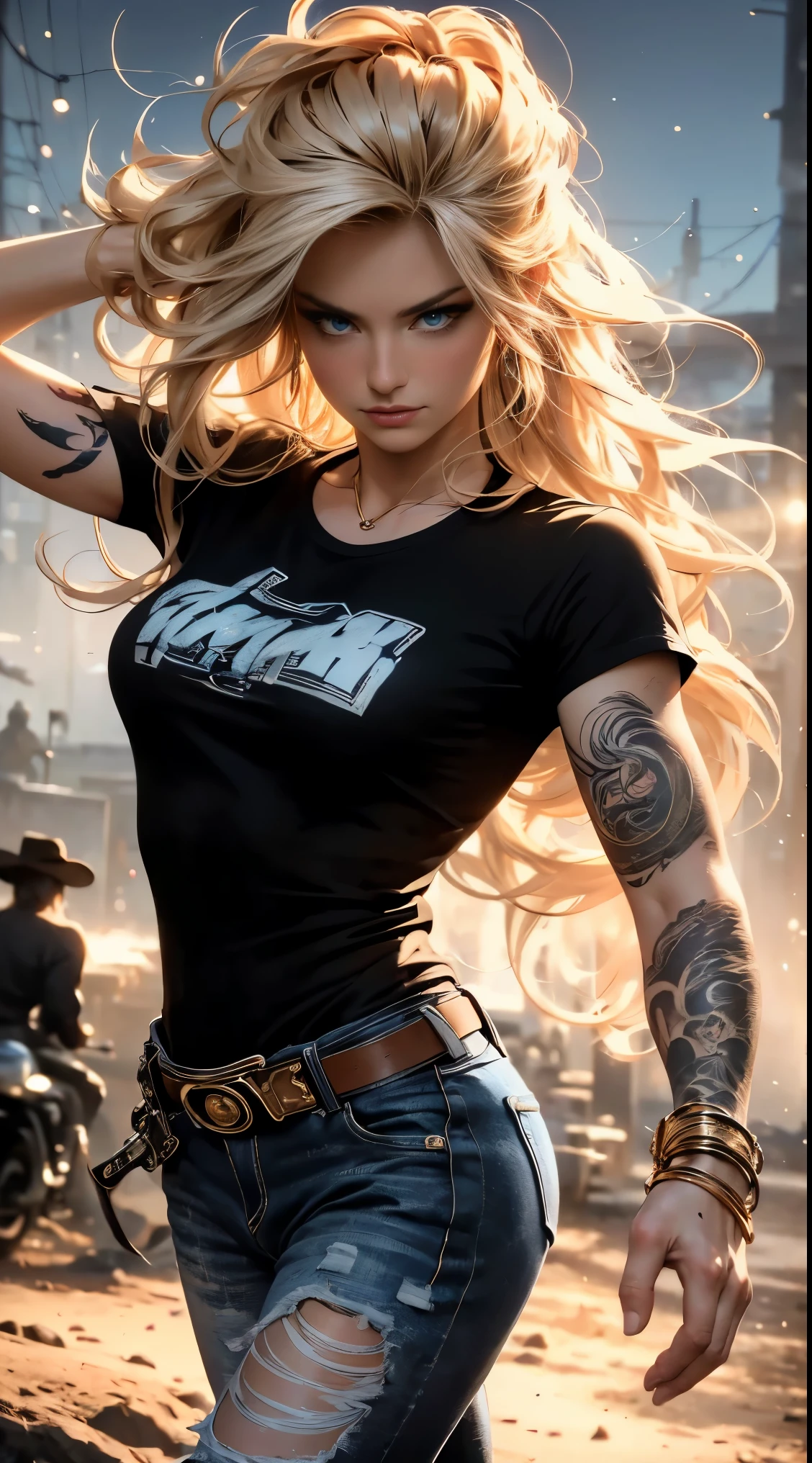 masterpiece, Cowboy shot, (1woman), (golden hairs), (Black tshirt:1.2), (beautiful blue eyes), (tribal tattoo on hands), White, Orange and Blue colors, Foggy background, Graceful pose, (looking at viewer), (front view), (from sky), (bokeh:1.2)