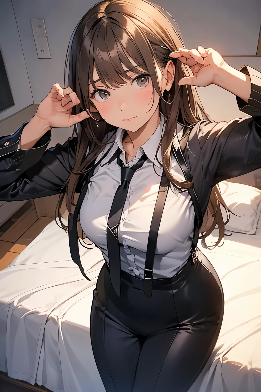 Brown Hair、Staring at the audience　　　Black suspenders　　　bulging big breasts　　 　 　　　wall: 　Black pantsuit　　　　　　sight　　　Small face　 　　　holster　　　Beautiful woman　　Show your hand　　 　sight 　　Taunt　side　sideSweat 　arm　Dress shirt　Black Suit　ベルト wall際　Put your hands up　Both hands above head　脇Sweat　On the bed　Sweat　summer　mask