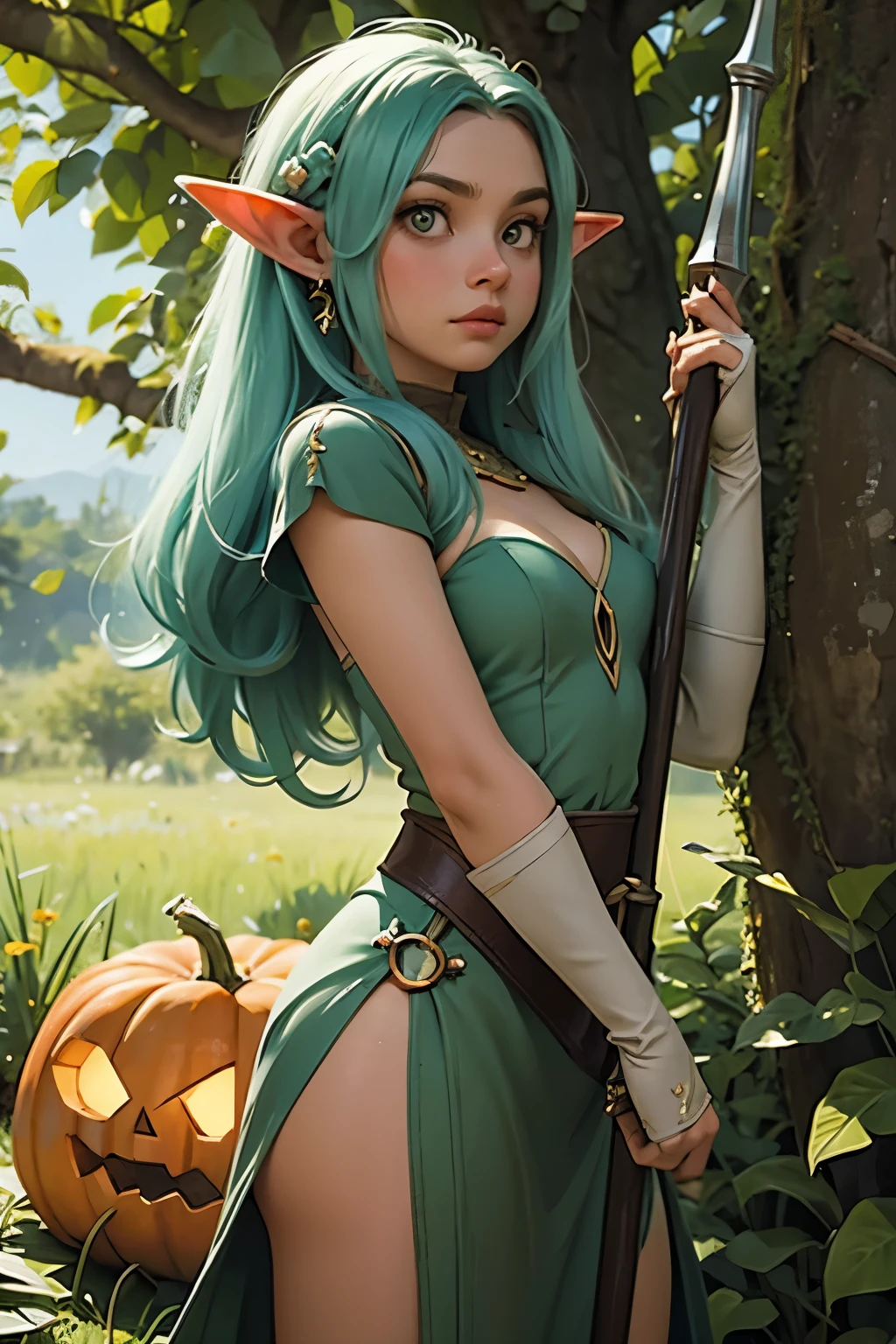 elf girl,Elf female ,(slime), Slime Hair Double Bun Hairstyle, Orange pumpkin, Wearing white war armor with weapon belt, pointy ears,Bust Big,elf warrior in the forest,on battlefield,lookin.Serious and arrogant,work of art, best qualityer