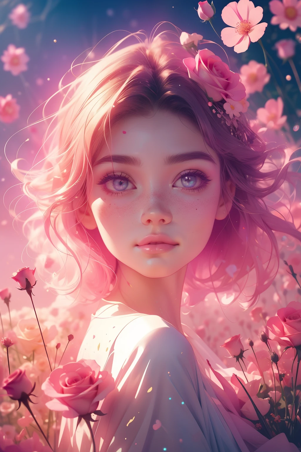 (This is a beautiful, intricate, (romatic) fantasy image that emphasizes beauty and grace.) Generate a blind curvy woman with soft natural freckles. Her face is important and should be (perfectly formed) with (beautiful puffy lips) and (perfect features). There is a cute freckle birthmark on her lip. The image exudes ethereal beauty and soft fantasy, with shimmering shades of pink throughout. Surround her with eternal roses in shimmering shades. Ensure perfection in her face, hair, and eyes. Include sweet and detailed birds and soft, luminous flowers and detailed roses. Utilize dynamic composition and dramatic lighting and cinematic lighting to create an interesting fantasy image. The background of the image is interesting and ultra-detailed, with soft fantasy lighting and gradients. Include fantasy details, cute aura, colorful, colourful, and interesting magical background. The image's background is decorated in shades of pink, shimmer, glitter, and fantasy details like colored bubbles and cosmos. Include subtle freckles, natural freckles and a diffused realistic skin tone. Incorporate elements of high fantasy, whimsy, and detailed elegance. English rose, princess, courtesan, noblewoman, sweet, lovely, calm, lovely, shimmering, glimmering, glittering, astrological fantasy, (((masterpiece))), (highest quality), magic rose, fantasy garden, beautiful face, perfect face, puffy lips, interesting, shy smile, fantasy elements, magic rose, beautiful eyes, perfect puffy lips, jewel tones, luminosity. Taken with a canon camera.