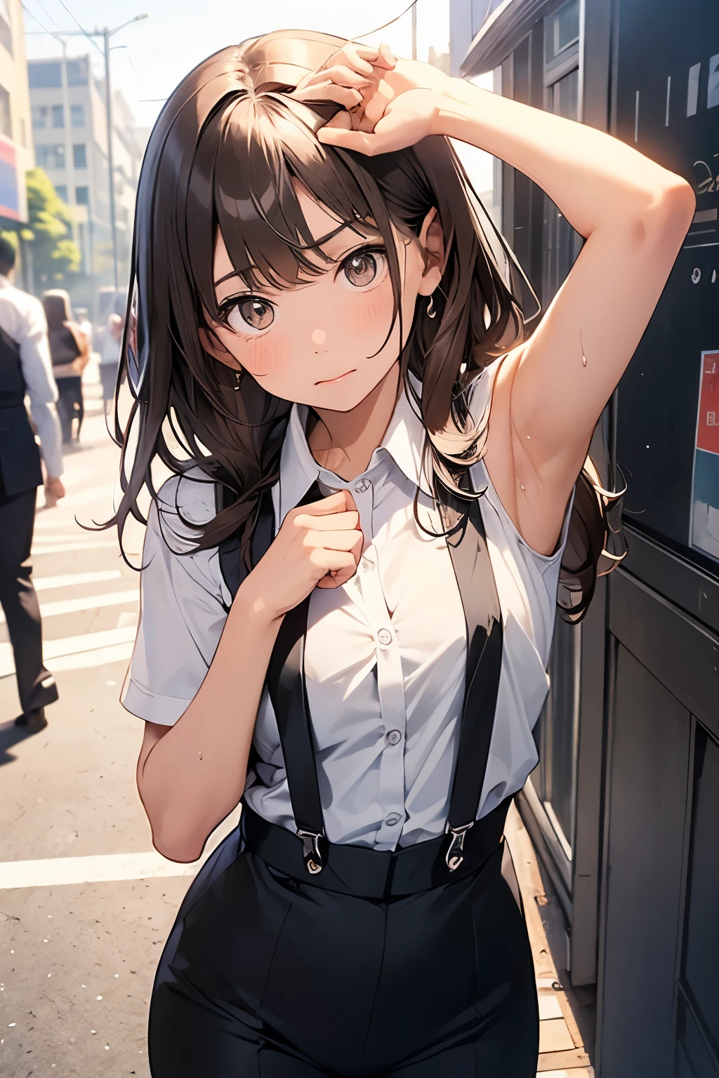 Brown Hair、Staring at the audience　　　Black suspenders　　　bulging big breasts　　 　 　　　wall: 　Black pantsuit　　　　　　sight　　　Small face　 　　　holster　　　Beautiful woman　　Show your hand　　 　sight 　　Taunt　side　side汗 　arm　Dress shirt　Black Suit　ベルト wall際　Put your hands up　Both hands above head　Armpit sweat　Hotel