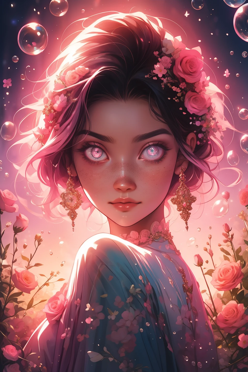 (This is a beautiful, intricate, (romatic) fantasy image that emphasizes beauty and grace.) Generate a blind curvy woman with soft natural freckles. Her face is important and should be (perfectly formed) with (beautiful puffy lips) and (perfect features). There is a cute freckle birthmark on her lip. The image exudes ethereal beauty and soft fantasy, with shimmering shades of pink throughout. Surround her with eternal roses in shimmering shades. Ensure perfection in her face, hair, and eyes. Include sweet and detailed birds and soft, luminous flowers and detailed roses. Utilize dynamic composition and dramatic lighting and cinematic lighting to create an interesting fantasy image. The background of the image is interesting and ultra-detailed, with soft fantasy lighting and gradients. Include fantasy details, cute aura, colorful, colourful, and interesting magical background. The image's background is decorated in shades of pink, shimmer, glitter, and fantasy details like colored bubbles and cosmos. Include subtle freckles, natural freckles and a diffused realistic skin tone. Incorporate elements of high fantasy, whimsy, and detailed elegance. English rose, princess, courtesan, noblewoman, sweet, lovely, calm, lovely, shimmering, glimmering, glittering, astrological fantasy, (((masterpiece))), (highest quality), magic rose, fantasy garden, beautiful face, perfect face, puffy lips, interesting, shy smile, fantasy elements, magic rose, beautiful eyes, perfect puffy lips, jewel tones, luminosity. Taken with a canon camera.