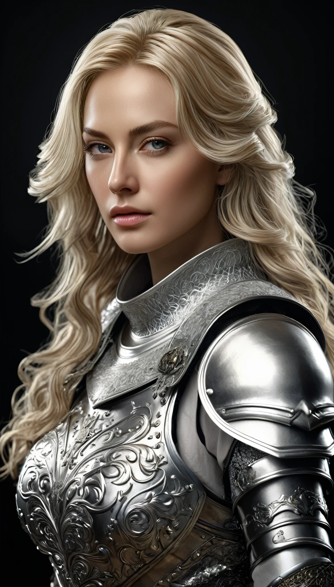 A beautiful woman in silver armor，Photograph of a 30 year old blonde European woman、masterpiece、born、beautiful、(Very long wavy blonde hair)、(High contrast:1.4)、((Detailed face:1.2))、((Features of the detailed face:1.3))、(Fine facial details:1.2)　Photorealistic、photograph、(8k:1.2)、Ultra-high resolution、(Intricate details:1.3)、(Super Detail:1.2)、(Detailed cloth texture:1.3)、 (armor〈James McDonald）Realistic images