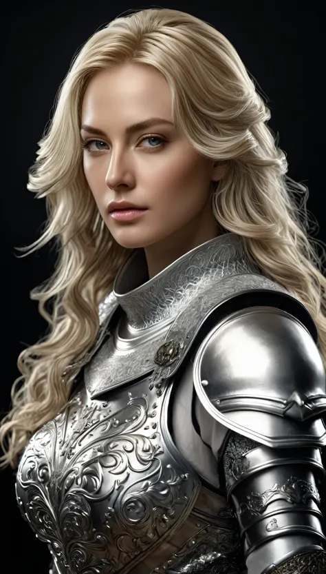 A beautiful woman in silver armor，30歳のブロンドのヨーロッパ人女性のphotograph、masterpiece、born、beautiful、(Very long wavy blonde hair)、(High con...