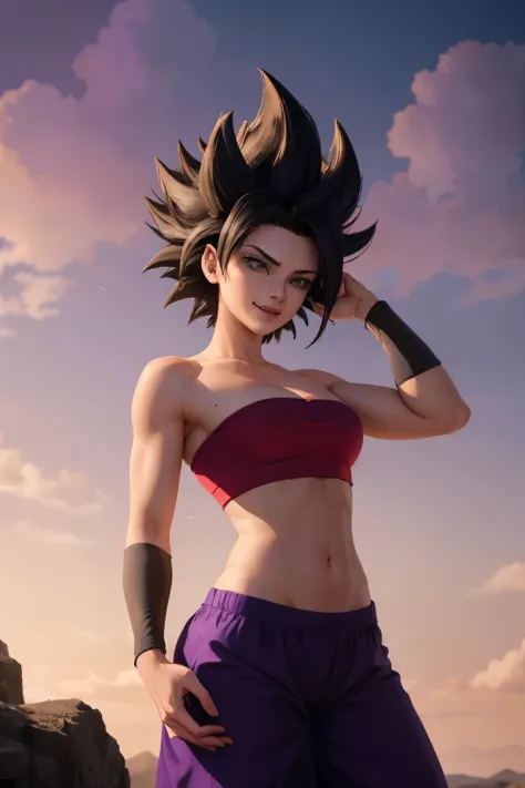 masterpiece, best quality, ssjcaulifla, white hair, water eyes, tube top, (purple pants with yellow stripe:1.2), armbands, cowbo...