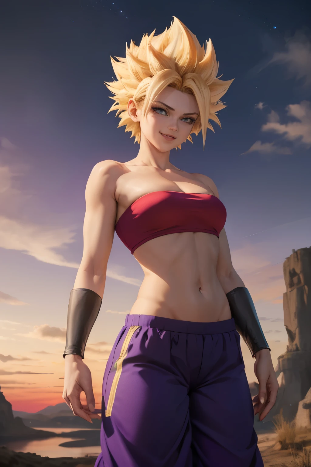 masterpiece, best quality, ssjcaulifla, white hair, water eyes, tube top, (purple pants with yellow stripe:1.2), armbands, cowboy shot, looking at the sky , smile, furrowed eyebrow, making OK with hand, red sky, black clouds