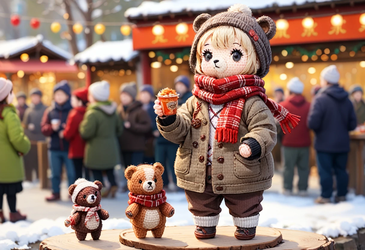 BJ_embroidery_doll, 一人in, Looking_in_Audience, hin, Are standing, full_body, food, scarf, Blurred, black_eye, no_human, depth_of_Field, Blurred_background, animal, Beanie, animal_concentrated, Bear,
highest quality,masterpiece,