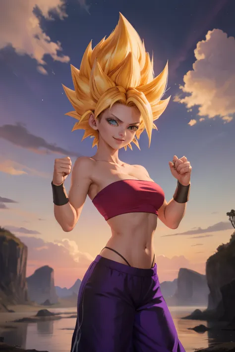 masterpiece, best quality, ssjcaulifla, white hair, water eyes, tube top, (purple pants with yellow stripe:1.2), armbands, cowbo...