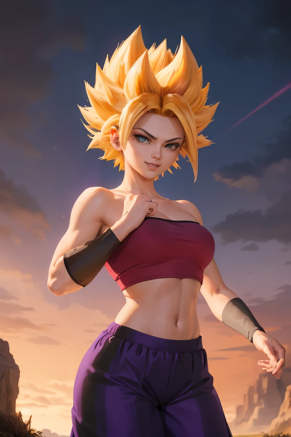 masterpiece, best quality, ssjcaulifla, white hair, water eyes, tube top, (purple pants with yellow stripe:1.2), armbands, cowboy shot, looking at the sky , smile, furrowed eyebrow, red sky, black clouds, fighting pose, yellow aura