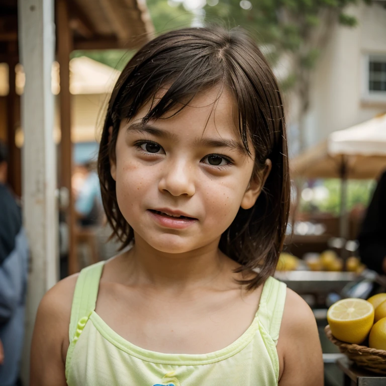 A little kid is making a disgusted face their parent stands just out of focus to the side holding a piece of lemon, comical
