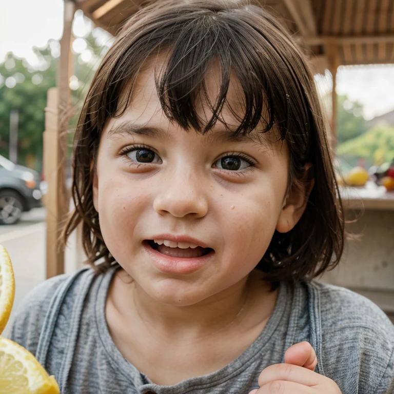 A little kid is making a disgusted face their parent stands just out of focus to the side holding a piece of lemon, comical
