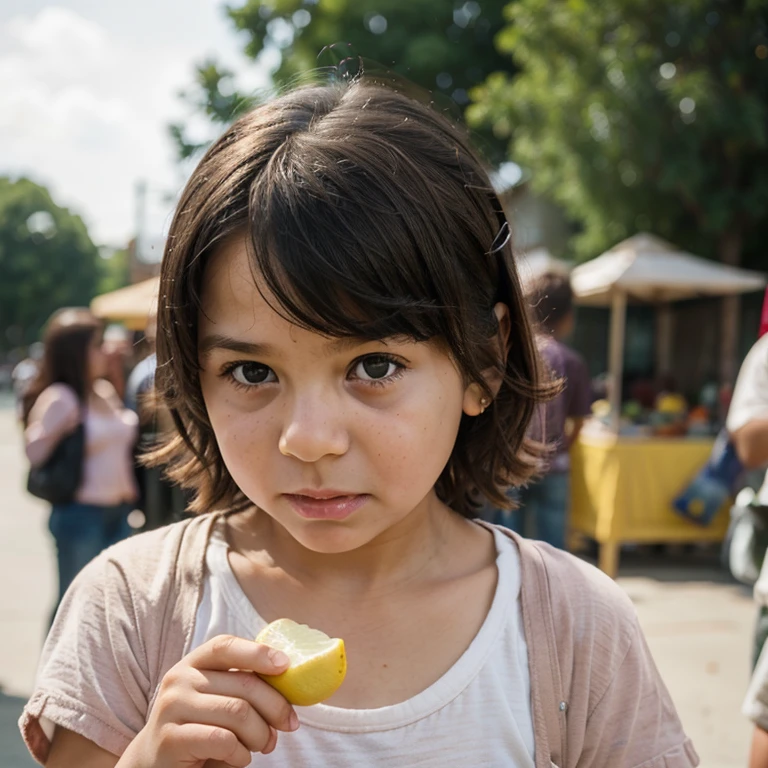 A little kid is making a disgusted face their parent stands just out of focus to the side holding a piece of lemon, comical
