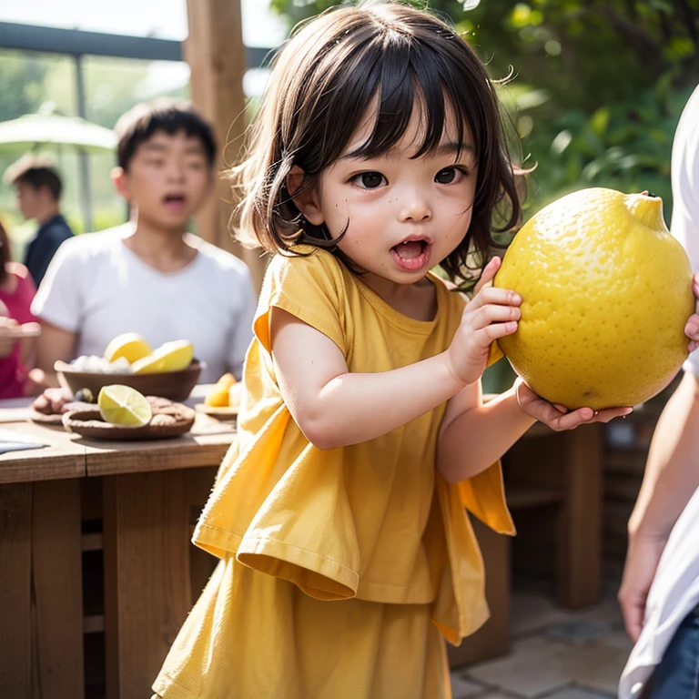 A little kid is making a disgusted face their parent stands just out of focus to the side holding a piece of lemon, comical
