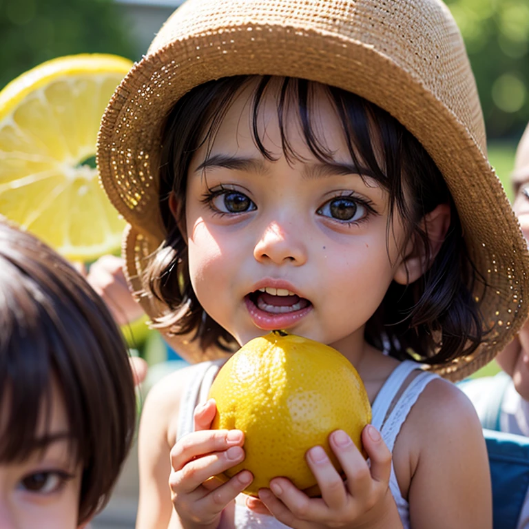 A little kid is making a disgusted face their parent stands just out of focus to the side holding a piece of lemon, comical
