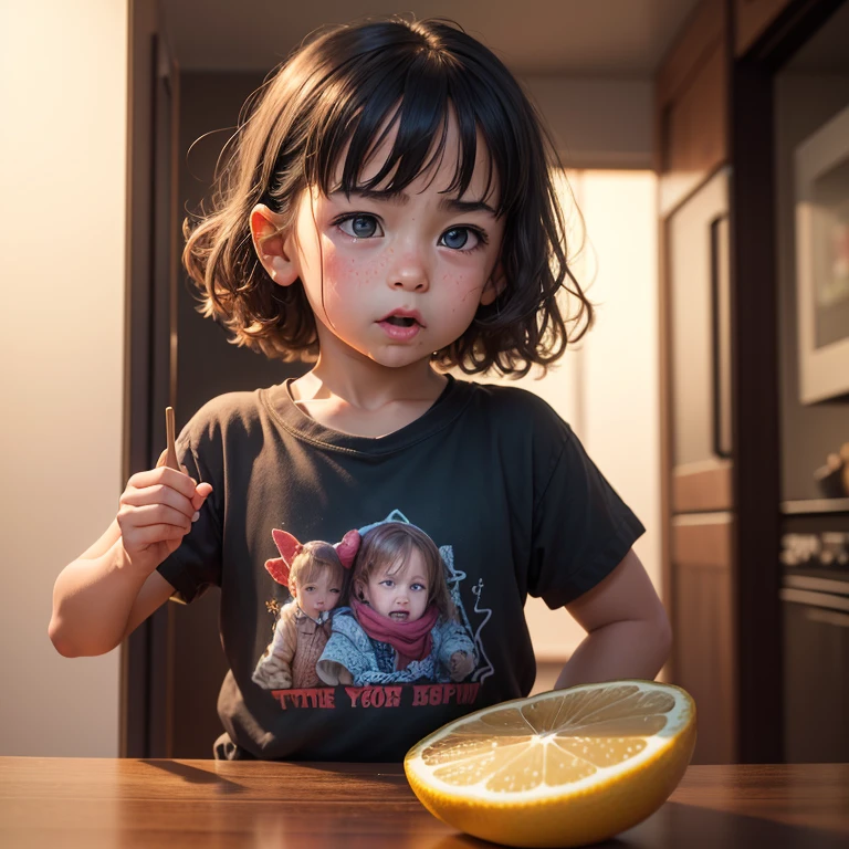 A little kid is making a disgusted face their parent stands just out of focus to the side holding a piece of lemon, comical
