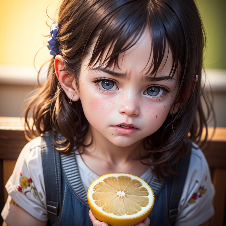 A little kid is making a disgusted face their parent stands just out of focus to the side holding a piece of lemon, comical
