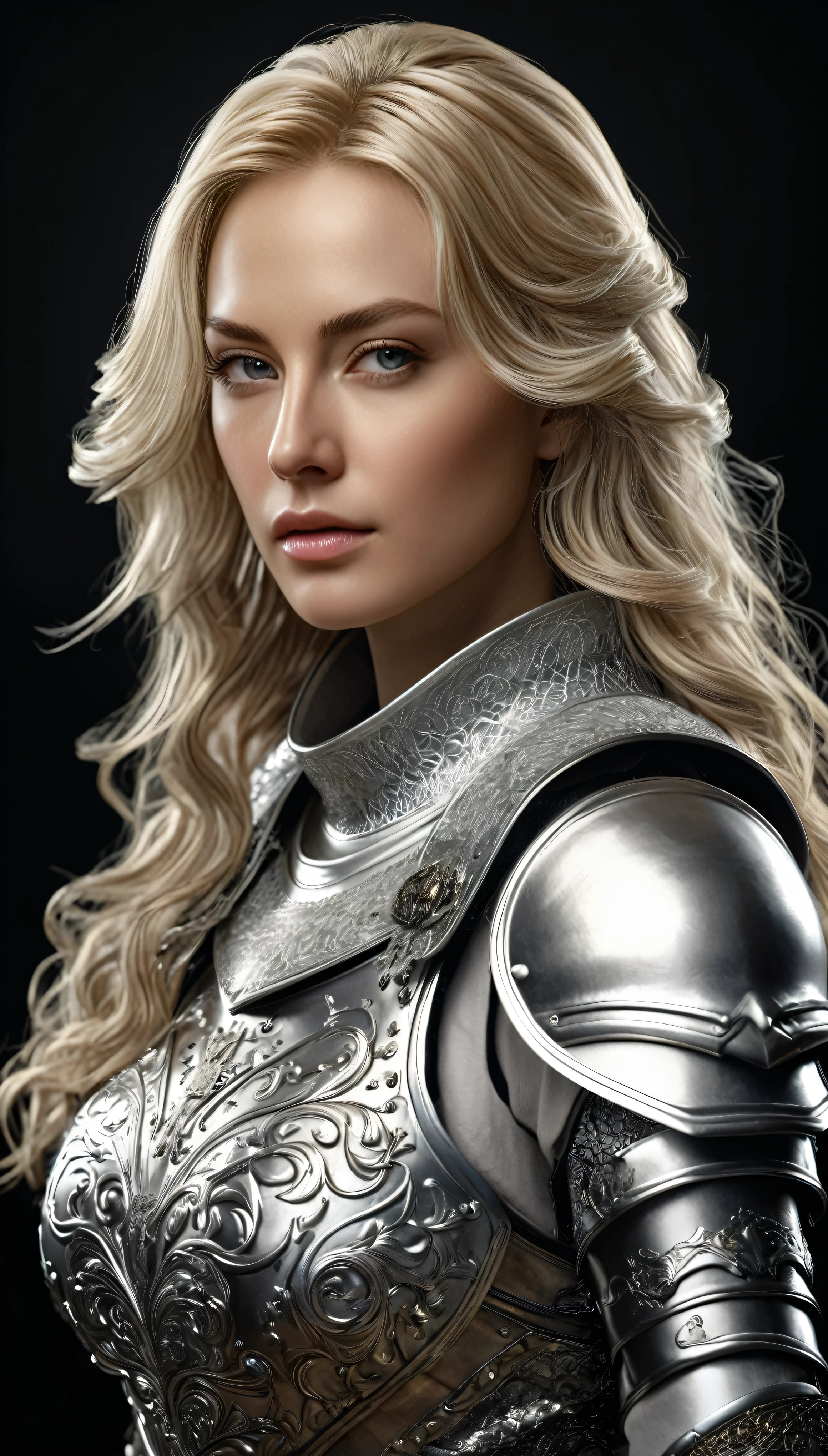 A beautiful woman in silver armor，Photograph of a 30 year old blonde European woman、masterpiece、born、beautiful、(Very long wavy blonde hair)、(High contrast:1.4)、((Detailed face:1.2))、((Features of Detailed face:1.3))、(Fine facial details:1.2)　Photorealistic、photograph、(8k:1.2)、Ultra-high resolution、(Intricate details:1.3)、(Super Detail:1.2)、(Detailed cloth texture:1.3)、 (armor〈James McDonald）Realistic images