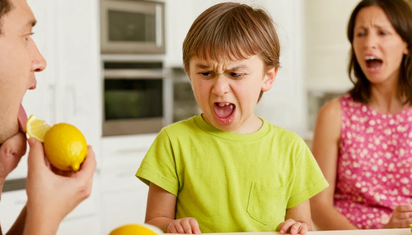 A little kid is making a disgusted face their parent stands just out of focus to the side holding a piece of lemon, comical
