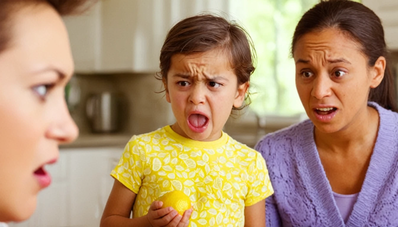 A little kid is making a disgusted face their parent stands just out of focus to the side holding a piece of lemon, comical
