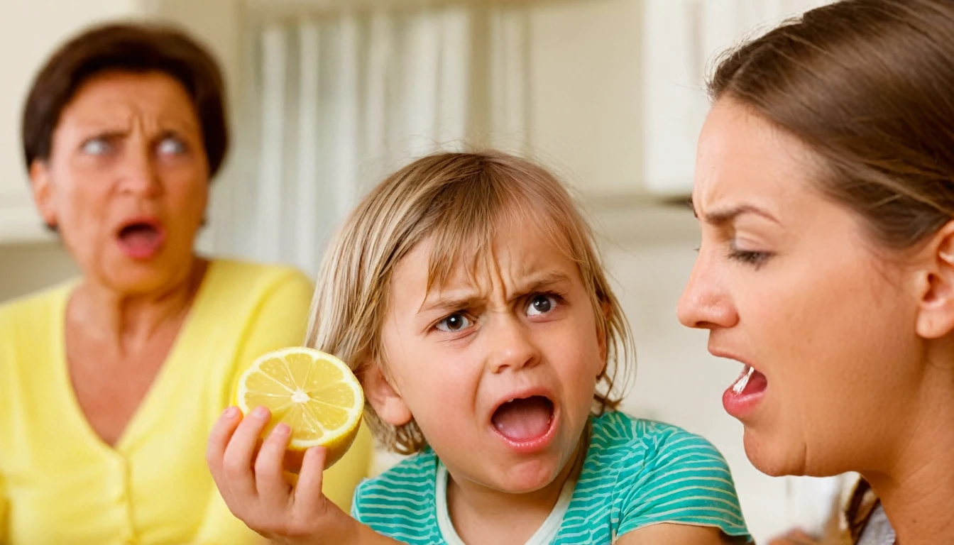 A little kid is making a disgusted face their parent stands just out of focus to the side holding a piece of lemon, comical
