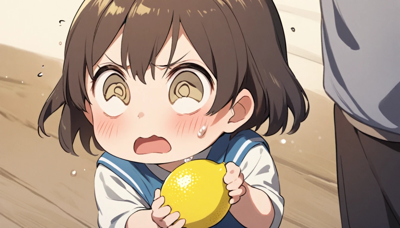 A little kid is making a disgusted face their parent stands just out of focus to the side holding a piece of lemon, comical
