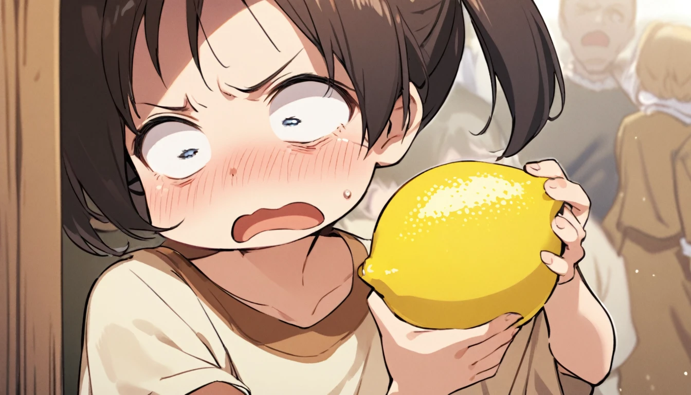 A little kid is making a disgusted face their parent stands just out of focus to the side holding a piece of lemon, comical
