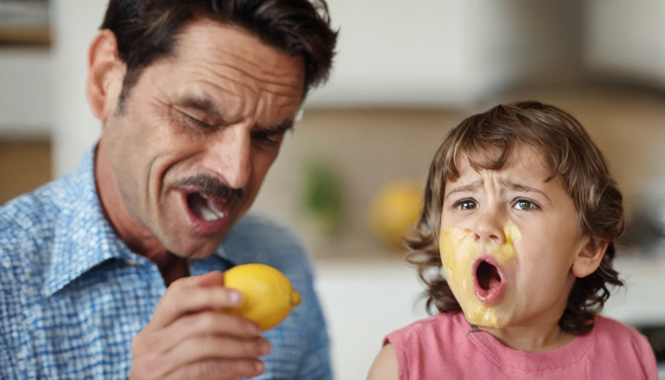 A little kid is making a disgusted face their parent stands just out of focus to the side holding a piece of lemon, comical
