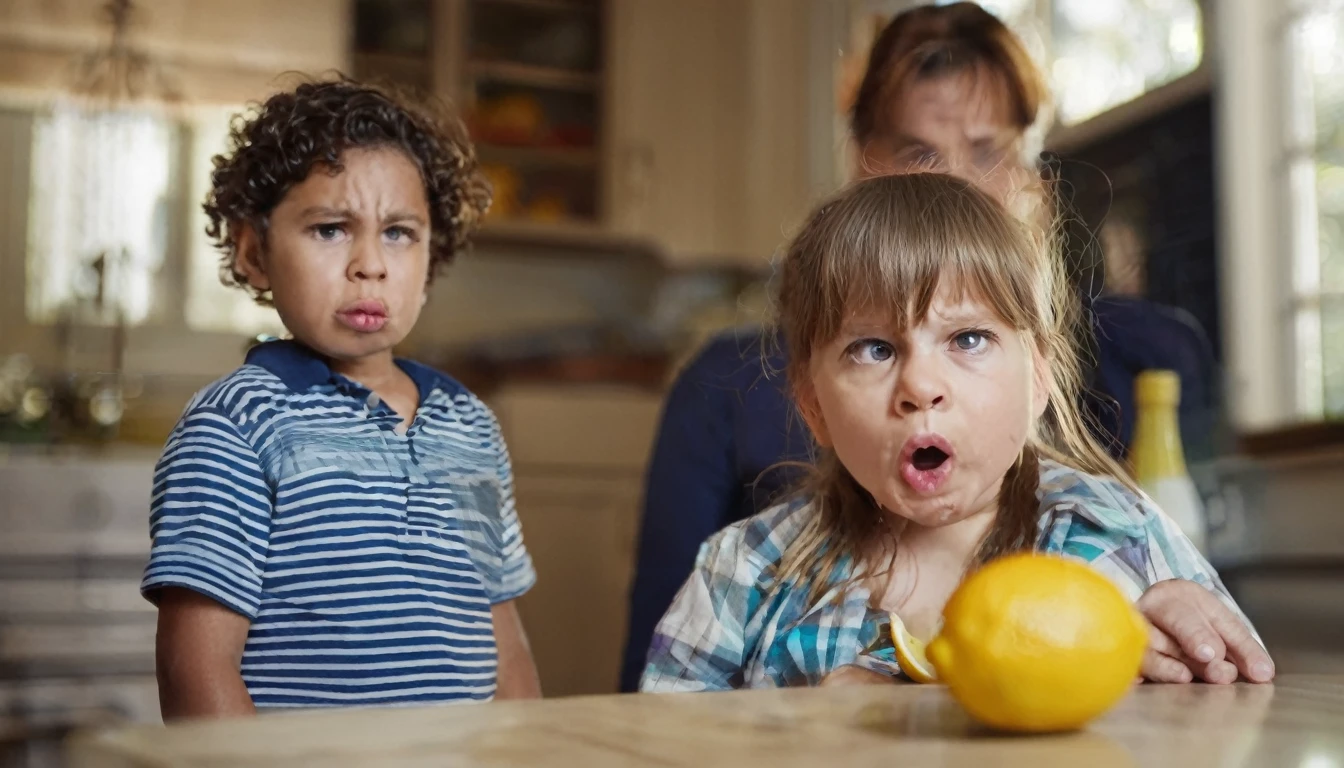 A little kid is making a disgusted face their parent stands just out of focus to the side holding a piece of lemon, comical
