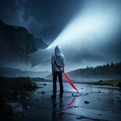 1 boy, white hoodie, red eyes, holding ice element sword in left hand, rainstorm, night, masterpiece, photorealistic, 8k, cinema...