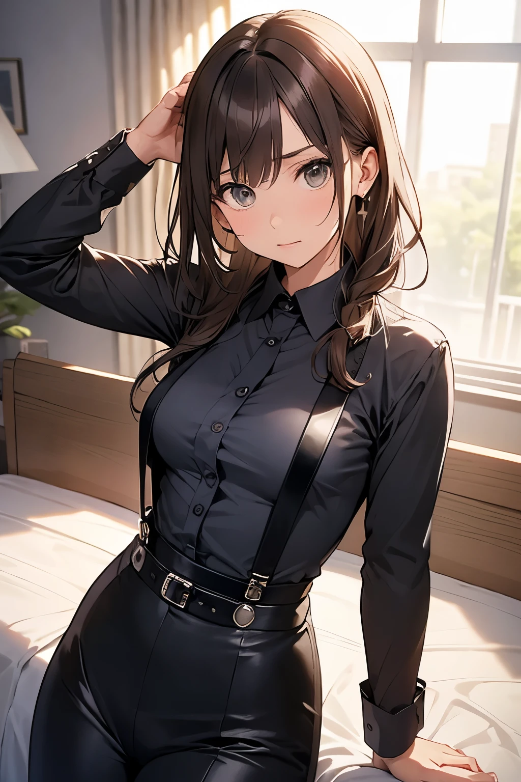 Brown Hair、Staring at the audience　　　Black suspenders　　　bulging big breasts　　 　 　　　wall: 　Black pantsuit　　　　　　sight　　　Small face　 　　　holster　　　Beautiful woman　　Show your hand　　 Lying in bed　　sight 　　Taunt　side　side汗 　arm　Dress shirt　Black Suit　belt　summer　Armpit sweat