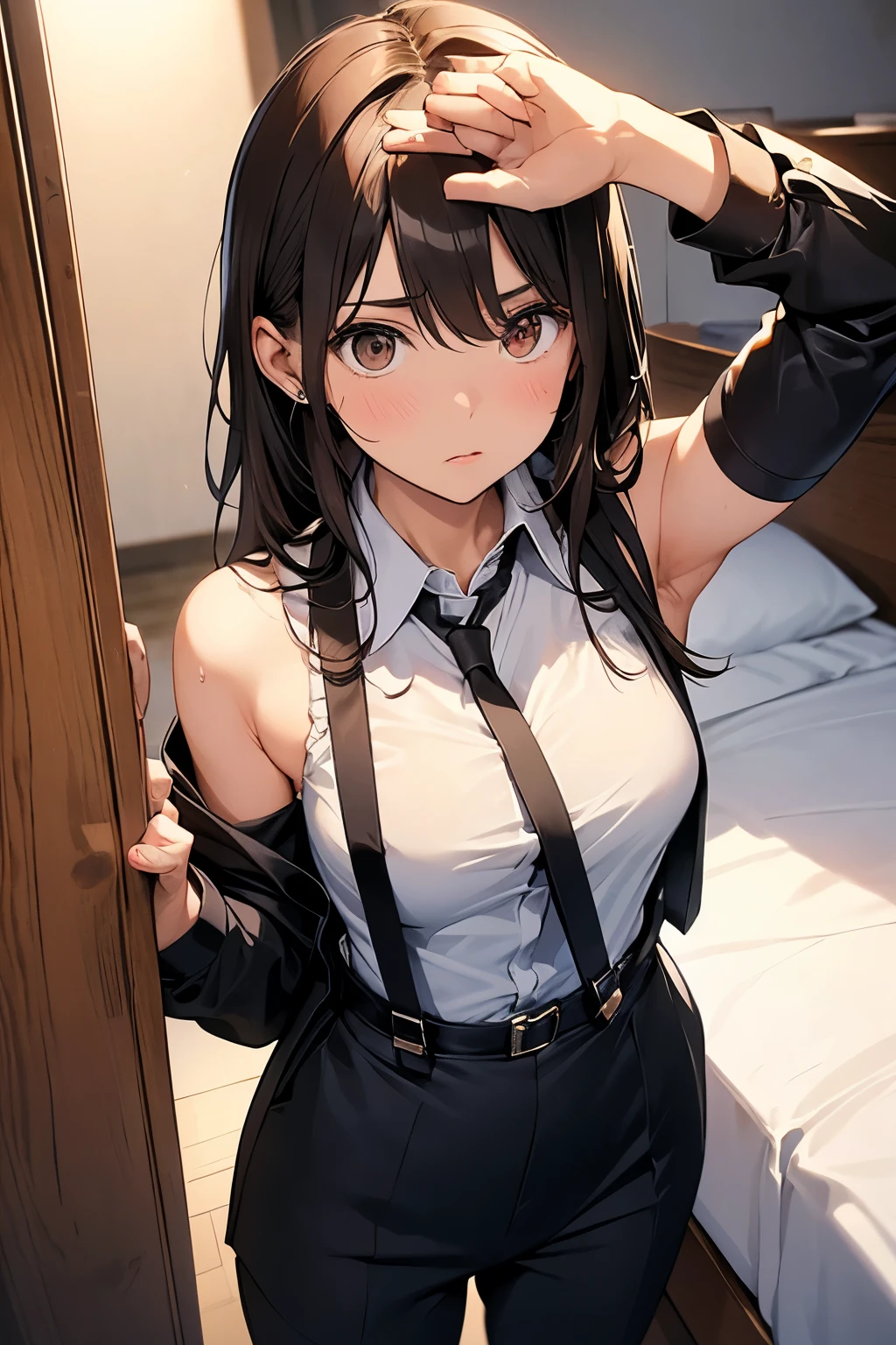 Brown Hair、Staring at the audience　　　Black suspenders　　　bulging big breasts　　 　 　　　wall: 　Black pantsuit　　　　　　sight　　　Small face　 　　　holster　　　Beautiful woman　　Show your hand　　 Lying in bed　　sight 　　Taunt　side　side汗 　arm　Dress shirt　Black Suit　belt　summer　Armpit sweat