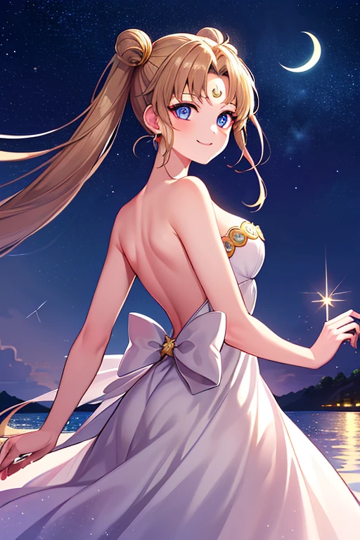 ((best quality)), ((highly detailed)), masterpiece, absurdres, (detailed eyes, deep eyes), (1girl), dynamic pose,  long dark brown hair (to her back), smiling, Princess_white_strapless_dress_huge_back_bow_Golden_crescent_forehead_mark, (at a floating island, midnight, night sky, stars, moonlight, shooting star)