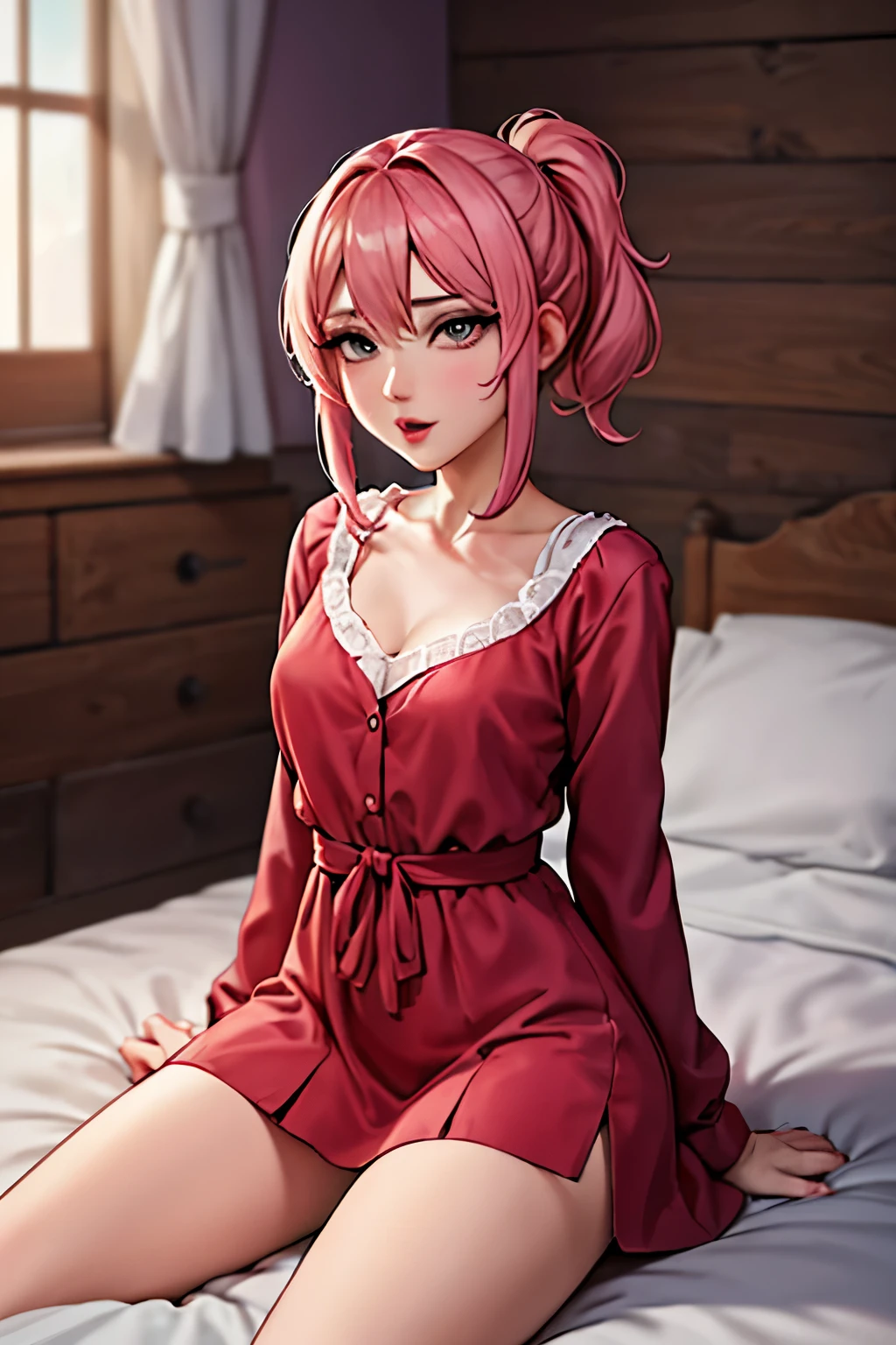 Garota de anime de cabelos compridos sentada na cama, orelhas de gato, da frente da garota, waifu de anime fofo vestindo roupas lindas, garota anime sedutora, divindade de cabelos brancos, detalhes requintados.  de vestido, anime 4k  