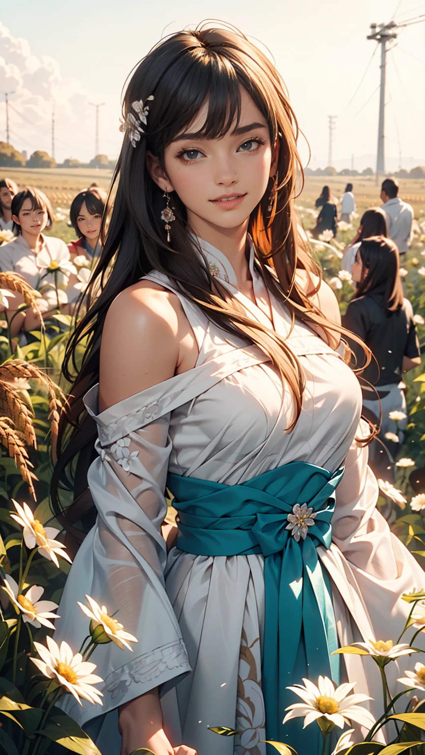 masterpiece, highest quality, Ultra-high resolution, detailed illustration, Portraiture, detailed, A girl standing in a wheat field, alone, Long Hair, dress, flower, White Hanfu, smile, whole body, white flower, Exposing shoulders, very Long Hair, Aqua Hair, Mouth closed, In-person audience, bangs,Ahegao