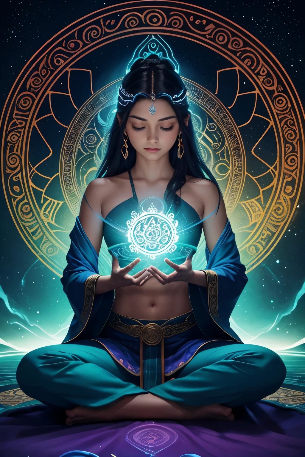 Fundo: Um gradiente suave que vai do azul claro ao verde esmeralda, evocando tranquilidade, cura e crescimento. Colors convey a feeling of renewal and vitality.
Imagem Central: Uma silhueta meditativa de uma figura humana, sitting in lotus position, com linhas de energia fluindo ao redor dela. This image symbolizes the flow of Chi and the connection with the universe.
symbols: Subtle elements of traditional energy symbols, como mandalas e espirais, are integrated into the background, adding a spiritual and mystical touch to the cover.
Title: the title "Aumente Seu Chi" is in a clean, modern font, with a slight glow around the letters to highlight the importance and power of Chi. A palavra "Chi" may have an energy symbol or subtle spiral integrated into the letters.