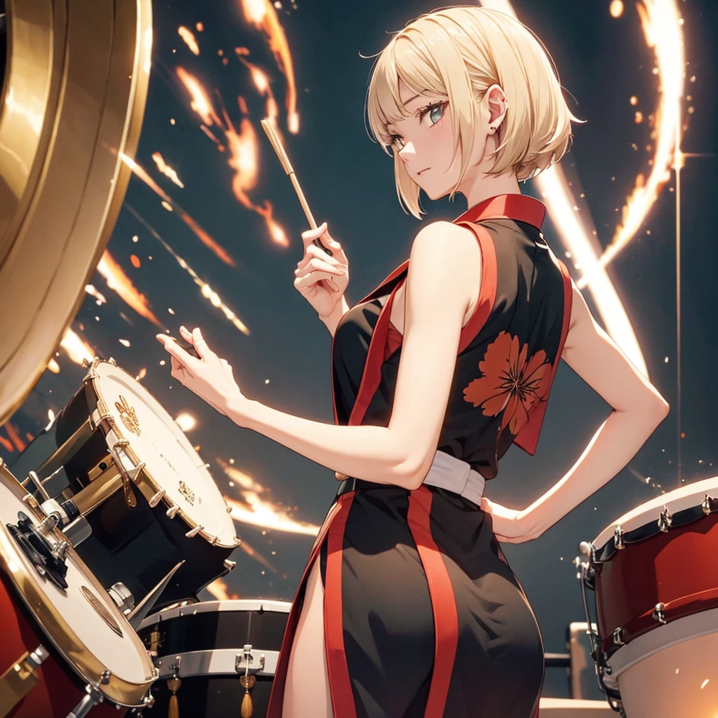 t4n4k4, black and red sleeveless kimono、highest quality、Masterpiece、Official Art、Award-winning works、photograph、The best light source、Japanese drum、A beautiful girl playing the Japanese drum、Representing the sound pressure of a drum、hot air、force、kimono, from behind, off shoulder, Lively, bright eyes、