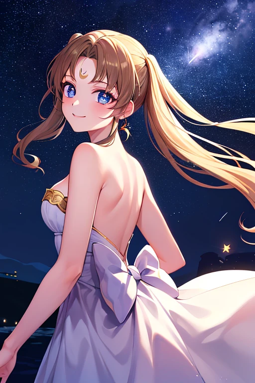 ((best quality)), ((highly detailed)), masterpiece, absurdres, (detailed eyes, deep eyes), (1girl), dynamic pose,  long dark brown hair (to her back), smiling, Princess_white_strapless_dress_huge_back_bow_Golden_crescent_forehead_mark, (at a floating island, midnight, night sky, stars, moonlight, shooting star)