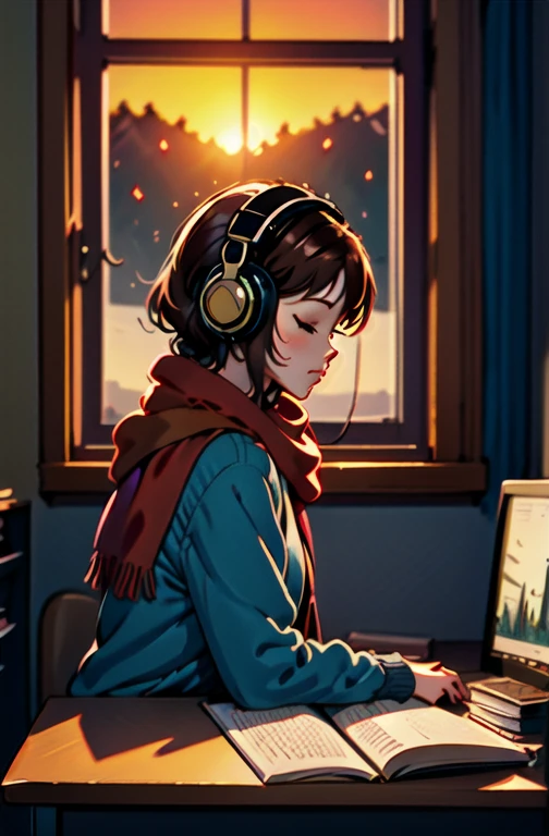 masterpiece, best illustration, ((anime)), 1girl, solo, headphones, brown hair, closed eyes, window, indoors, red scarf, sitting, tree, scarf, sweater, short hair, desk, sunset, book, from side, blurry