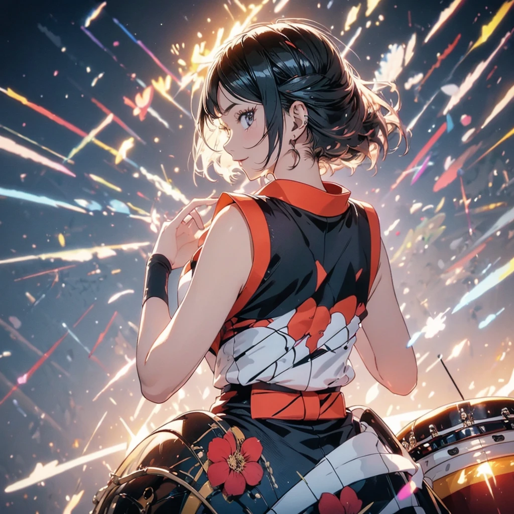 drum、t4n4k4, black and red sleeveless kimono、highest quality、Masterpiece、Official Art、Award-winning works、photograph、The best light source、and drum、and drumを打つ美少女、Representing the sound pressure of drums、hot air、force、kimono, from behind, off shoulder, Lively, bright eyes、Colorful portraits、Black Hair、Torsion、Picture of the moment the drum is struck、Frontal composition facing the viewer、Holding drumsticks in both hands、Left hand on top, right hand on drum、spirit、